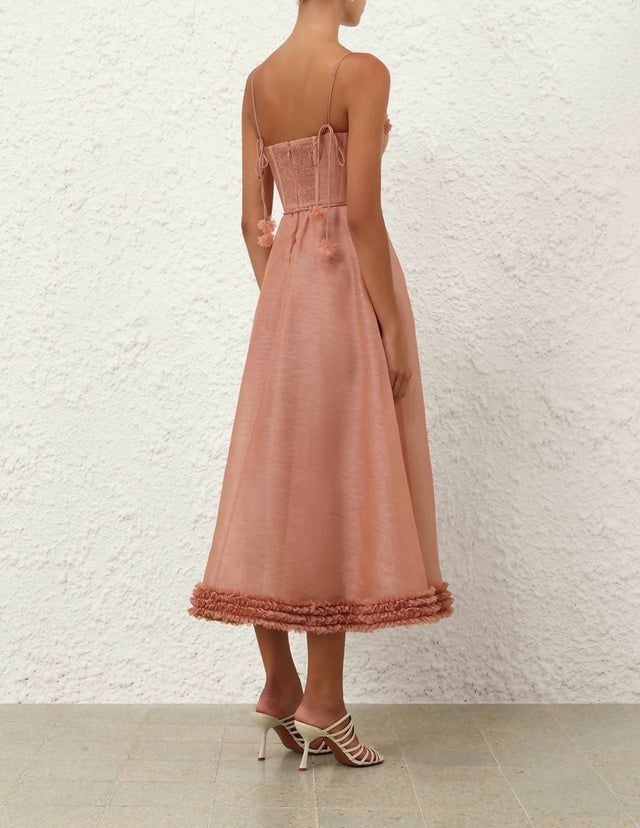 Zimmermann Luna Ruffle Midi Dress in Peony - Dresses