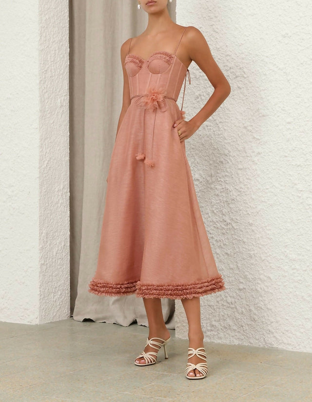 Zimmermann Luna Ruffle Midi Dress in Peony - Dresses