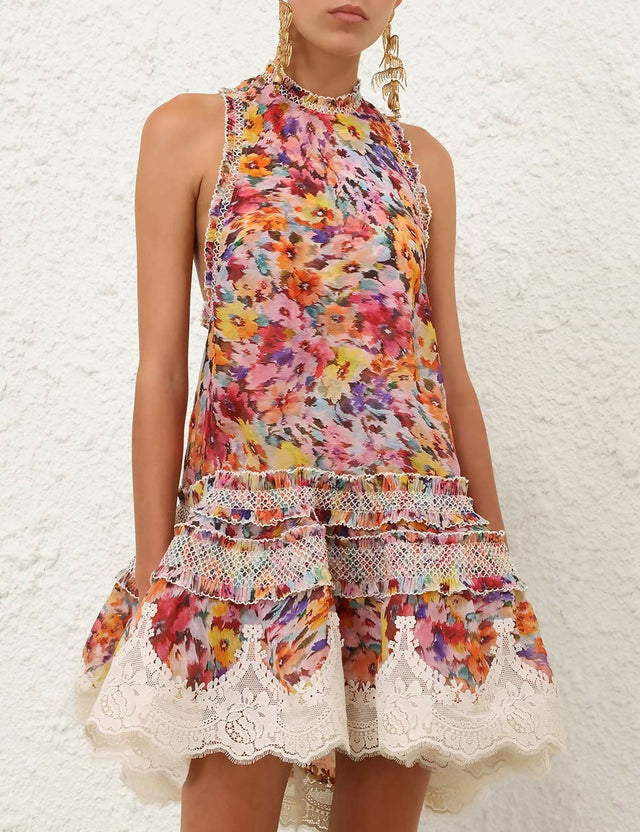 Zimmermann Luna Shirred Lantern Dress in Multi Floral - Dresses