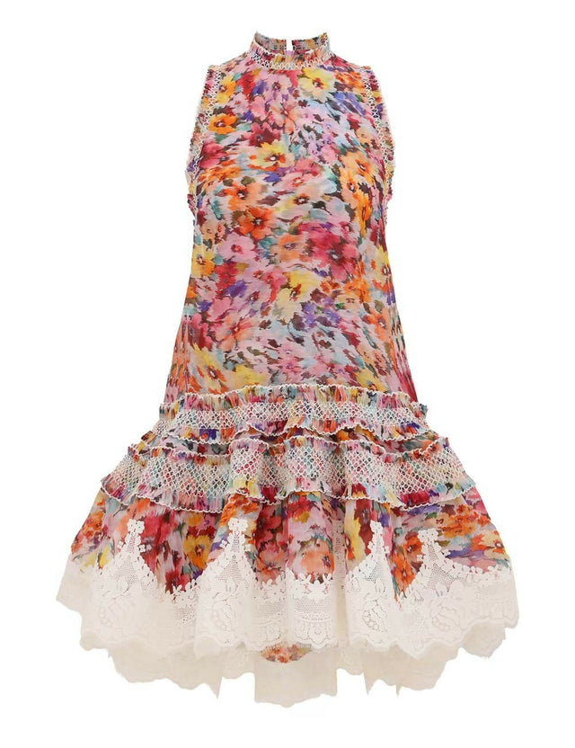 Zimmermann Luna Shirred Lantern Dress in Multi Floral - Dresses