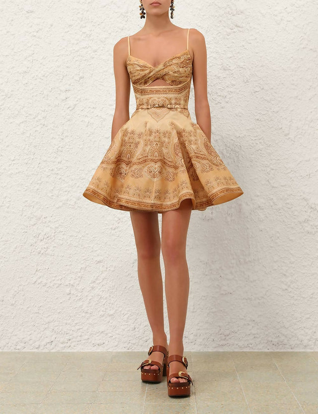 Zimmermann Luna Twist Mini Dress in Tan Perla Paisley - Dresses