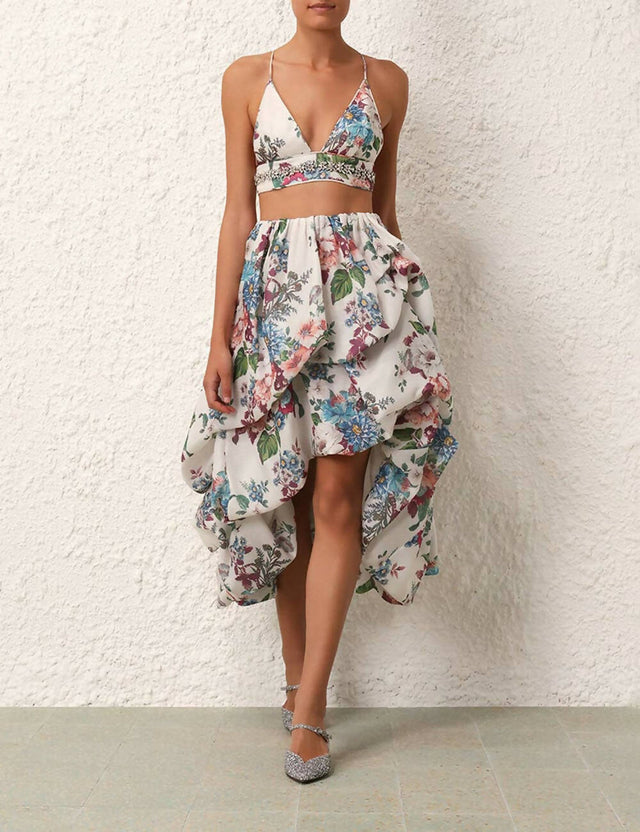 Zimmermann - Zimmermann Matchmaker Embellished Bra and Drape Skirt in Ivory Barkcloth Print