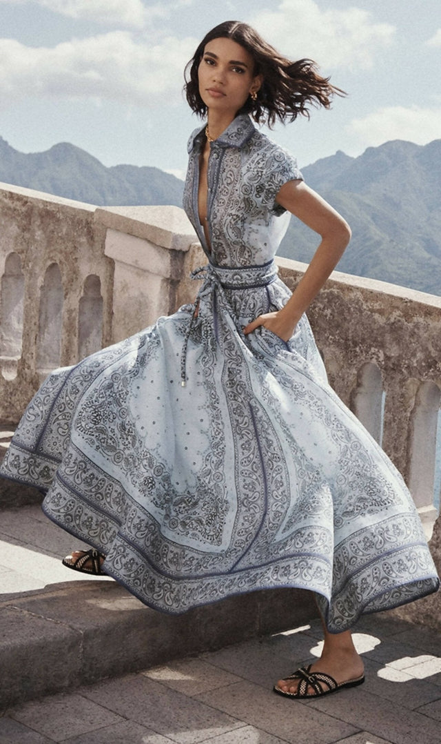 Zimmermann - Zimmermann Matchmaker Fitted Blouse and Gathered Midi Skirt in Blue Bandana