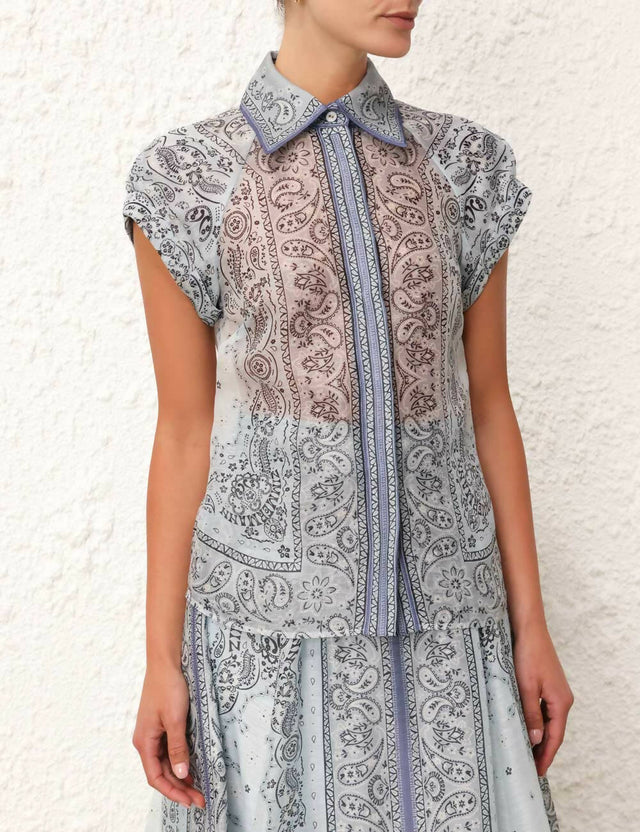 Zimmermann - Zimmermann Matchmaker Fitted Blouse & Gathered Midi Skirt Blue Bandana