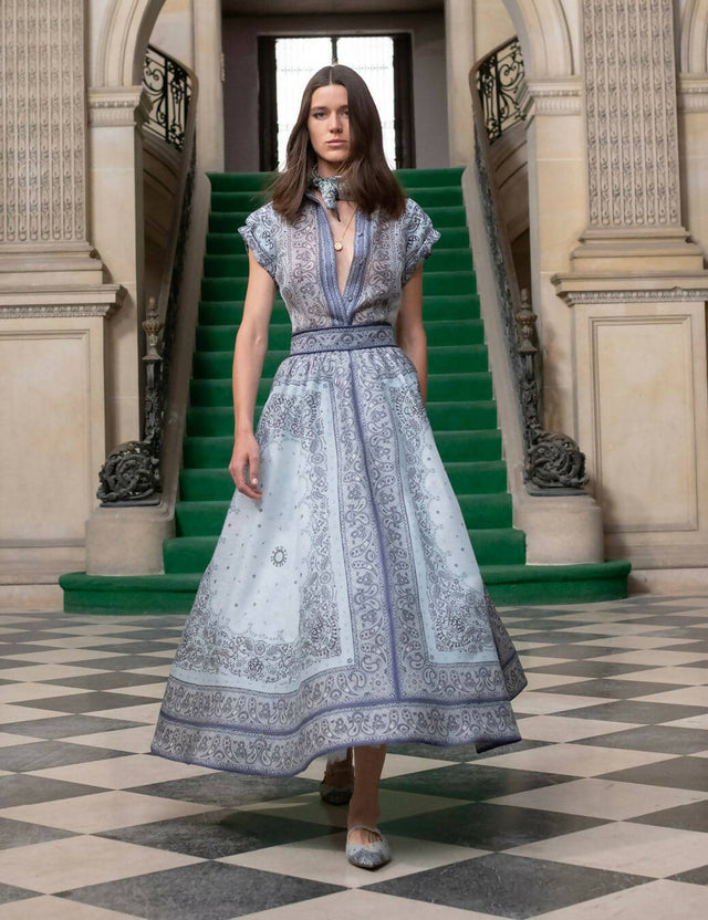 Zimmermann - Zimmermann Matchmaker Fitted Blouse & Gathered Midi Skirt Blue Bandana