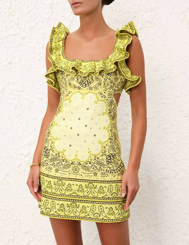 Zimmermann Matchmaker Frilled Mini Dress in Yellow Bandana - 8 / Print - Dresses