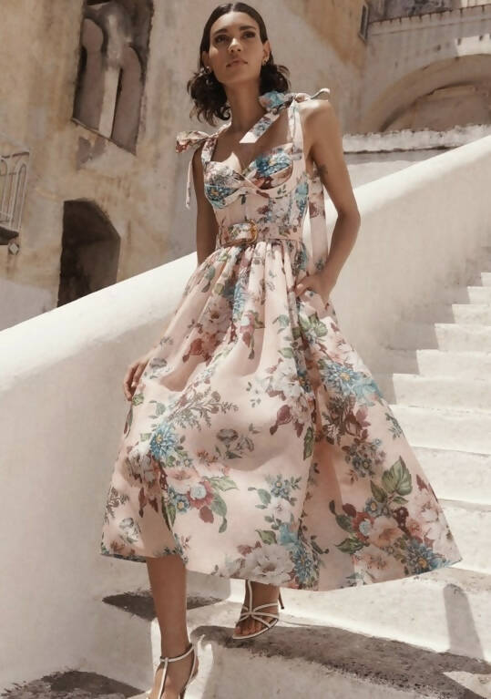 Zimmermann - Zimmermann Matchmaker Midi Dress in Pink Barkcloth Print