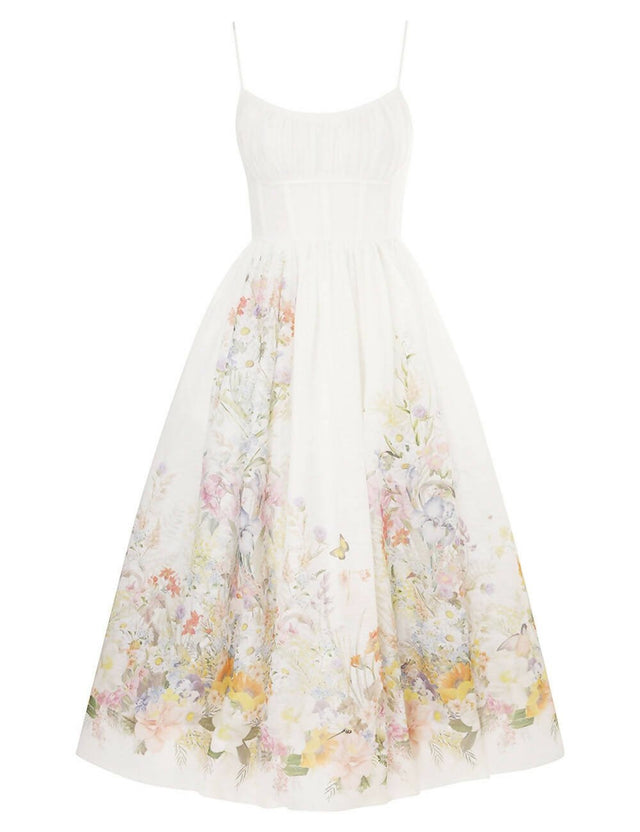 Zimmermann - Zimmermann Natura Ruched Midi Dress in Ivory Wild Flowers