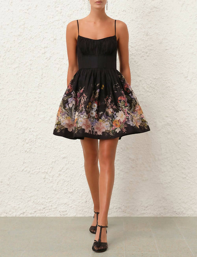 Zimmermann - Zimmermann Natura Ruched Mini Dress in Black Wild Flowers