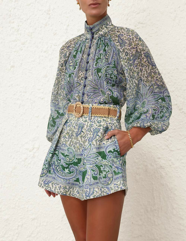 Zimmermann Ottie Billow Blouse and Tuck Short Set in Green Paisley - Outfit Sets