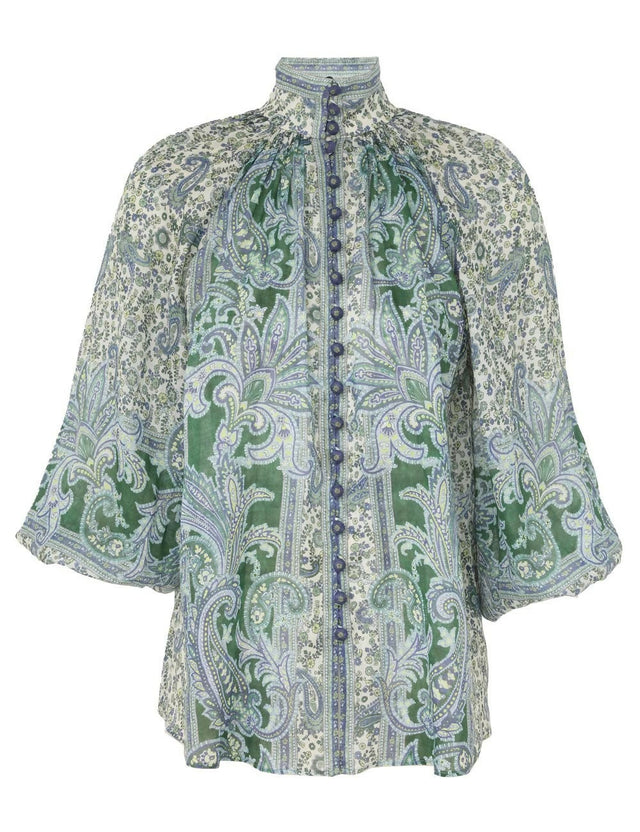 Zimmermann Ottie Billow Blouse and Tuck Short Set in Green Paisley - Outfit Sets