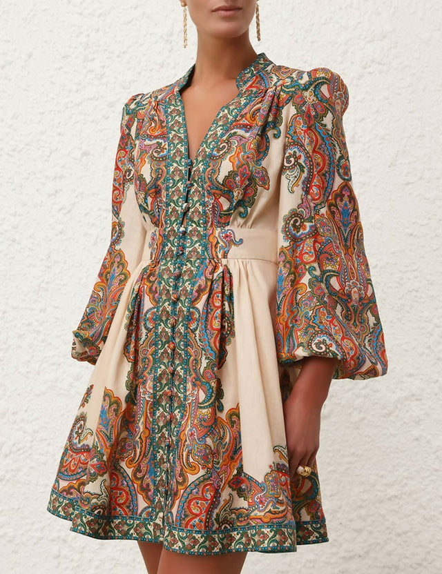 Zimmermann Ottie Plunge Mini Dress in Multi Paisley - Dresses