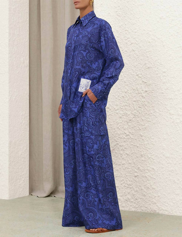 Zimmermann Ottie Relaxed Shirt and Pant Set in Blue Paisley - Outfit Sets