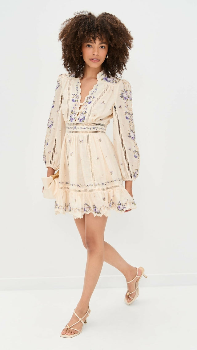 Zimmermann Patience Plunge Mini Dress - 10 / Floral - Dresses