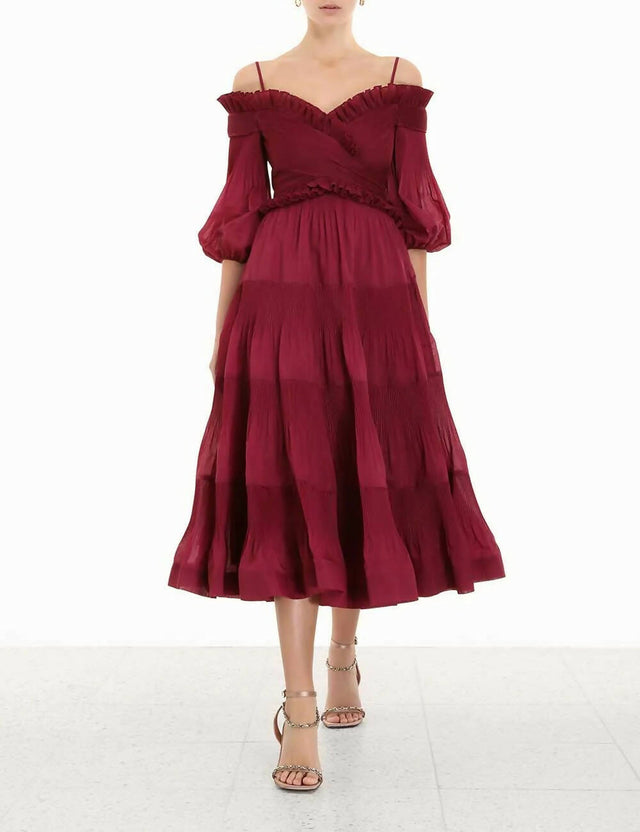 Zimmermann Pleated Off Shoulder Midi Berry Size 2 - Dresses