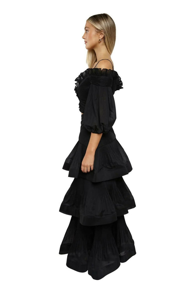 Zimmermann Pleated Off the Shoulder Top and Ruffle Tiered Skirt Set - 12 / Black - Outfit Sets