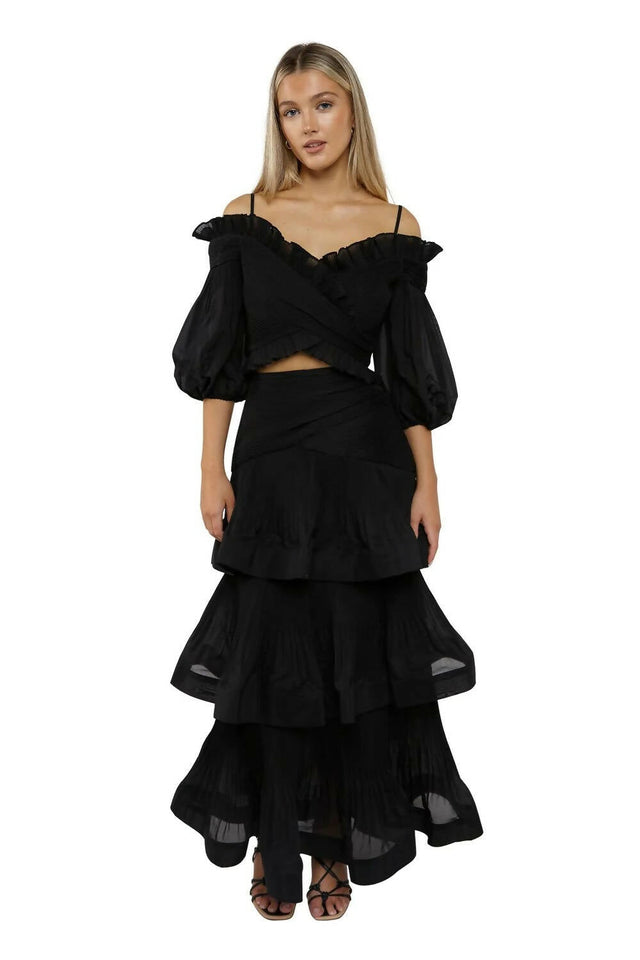 Zimmermann Pleated Off the Shoulder Top and Ruffle Tiered Skirt Set - 12 / Black - Outfit Sets