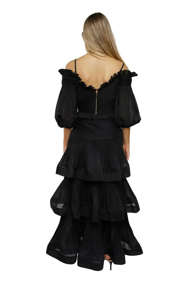 Zimmermann Pleated Off the Shoulder Top and Ruffle Tiered Skirt Set - 12 / Black - Outfit Sets