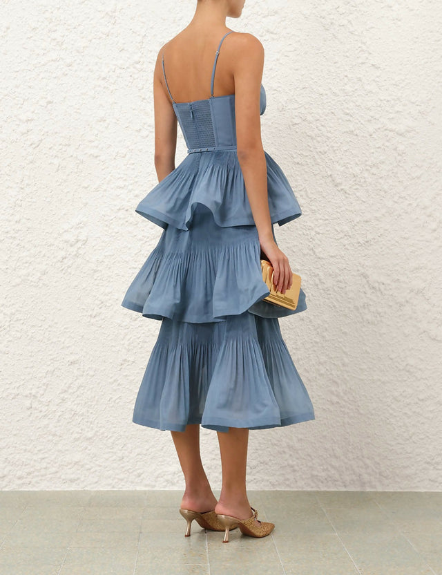 Zimmermann Pleated Tiered Midi Dress - 10 / Blue - Dresses