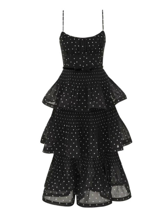 Zimmermann Pleated Tiered Midi Dress in Black/Cream Polka Dot - 12 / Black - Dresses