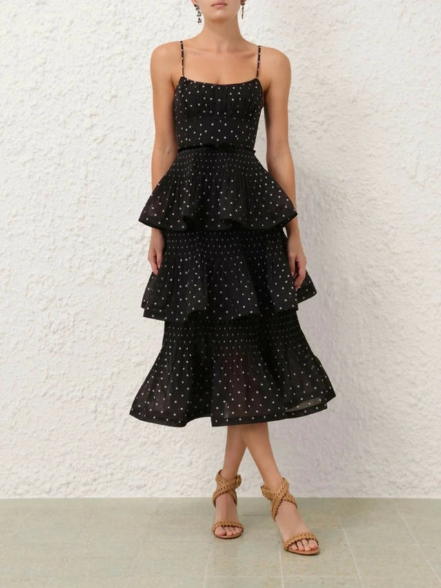 Zimmermann Pleated Tiered Midi Dress in Black/Cream Polka Dot - 12 / Black - Dresses