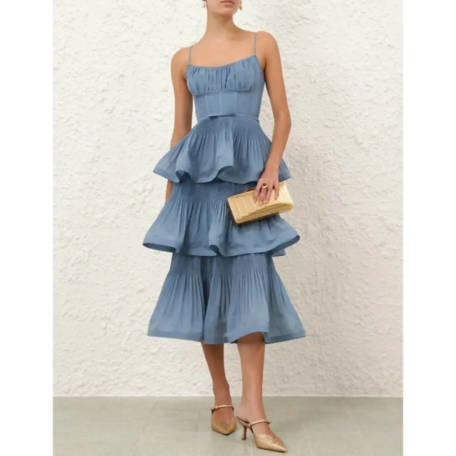 Zimmermann Pleated Tiered Midi Dress in Deep Blue - 12 / Blue - Dresses