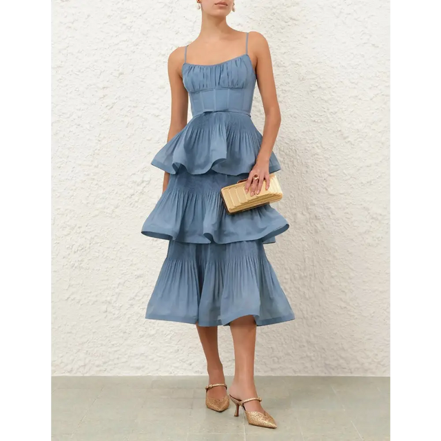 Zimmermann Pleated Tiered Midi Dress in Deep Blue - Dresses