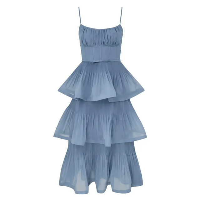 Zimmermann Pleated Tiered Midi Dress in Deep Blue - Dresses