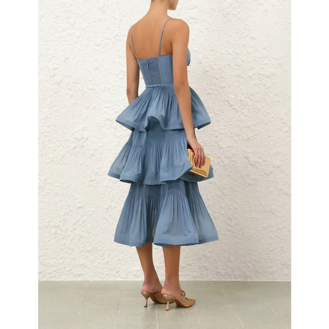 Zimmermann Pleated Tiered Midi Dress in Deep Blue - Dresses