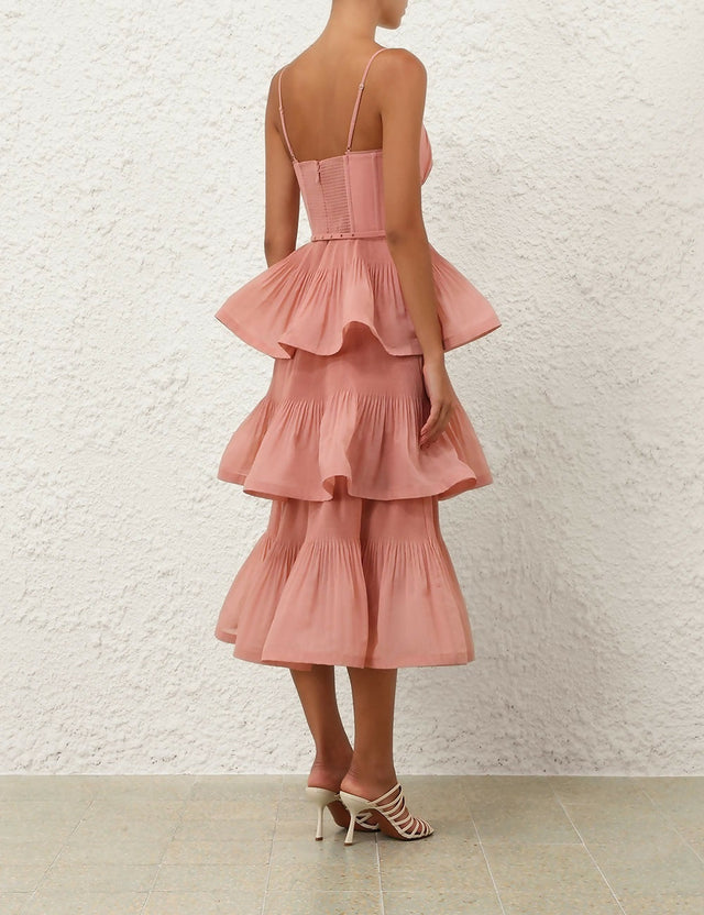 Zimmermann Pleated Tiered Midi Dress in Dusty Pink - Dresses