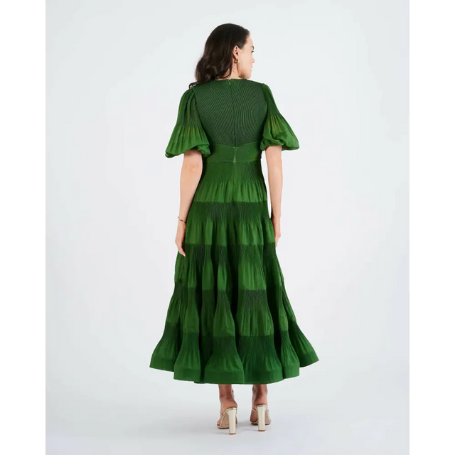 Zimmermann Pleated Tiered Twill Midi Dress Green Size 3 / AU 14 - 14 / Green - Dresses