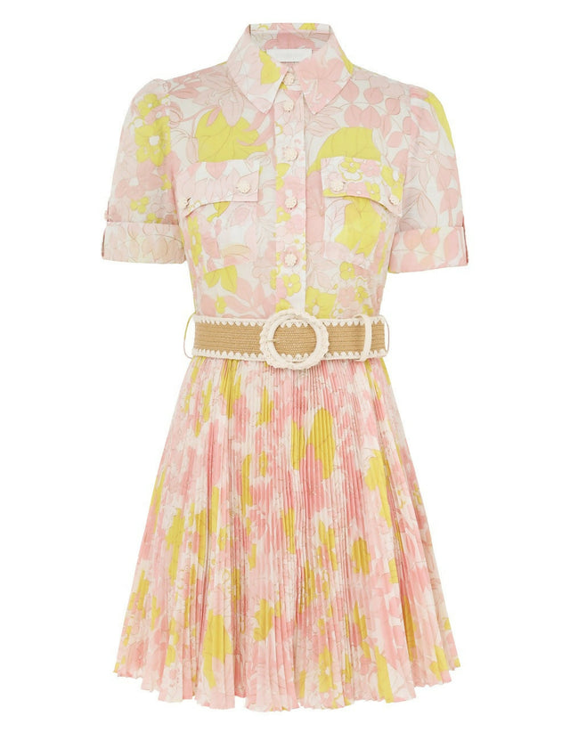 Zimmermann Pop Pleated Mini Dress in Pink/Yellow Floral - Dresses