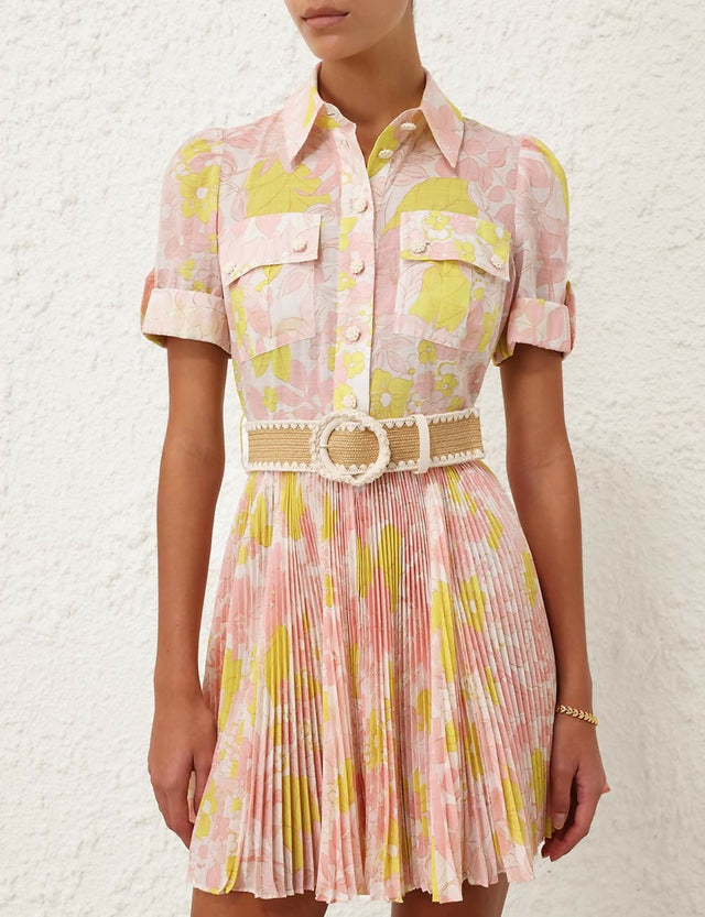 Zimmermann Pop Pleated Mini Dress in Pink/Yellow Floral - Dresses