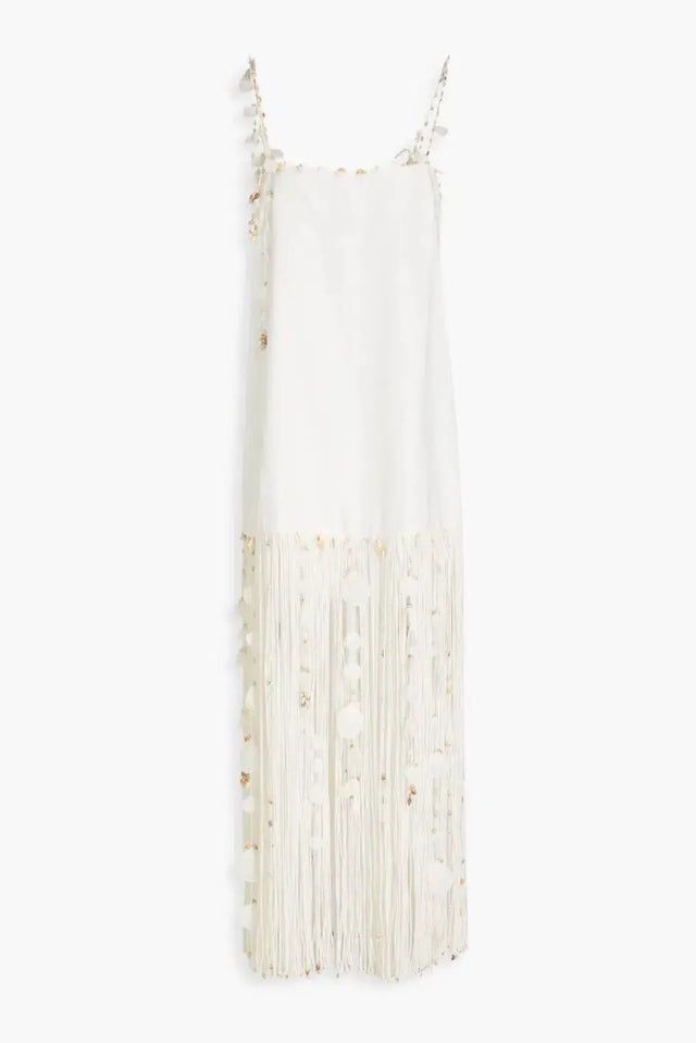 Zimmermann Postcard Fringed Embellished Linen Maxi Dress - 6 / White - Dresses