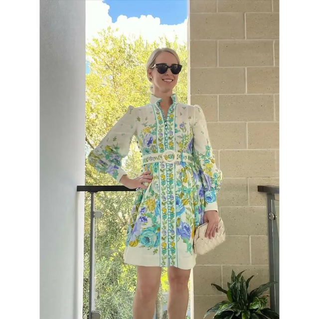 Zimmermann Raie Buttoned Mini Dress Teal/Blue Floral Size 1 & Size 3 - Dresses