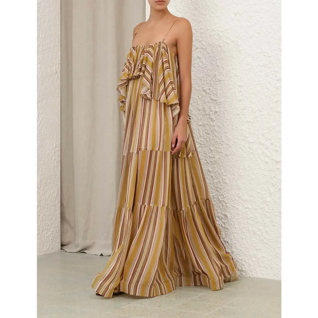Zimmermann Rebellion Bohemian Slip Dress in Mustard Stripe - Dresses