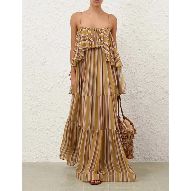 Zimmermann Rebellion Bohemian Slip Dress in Mustard Stripe - Dresses