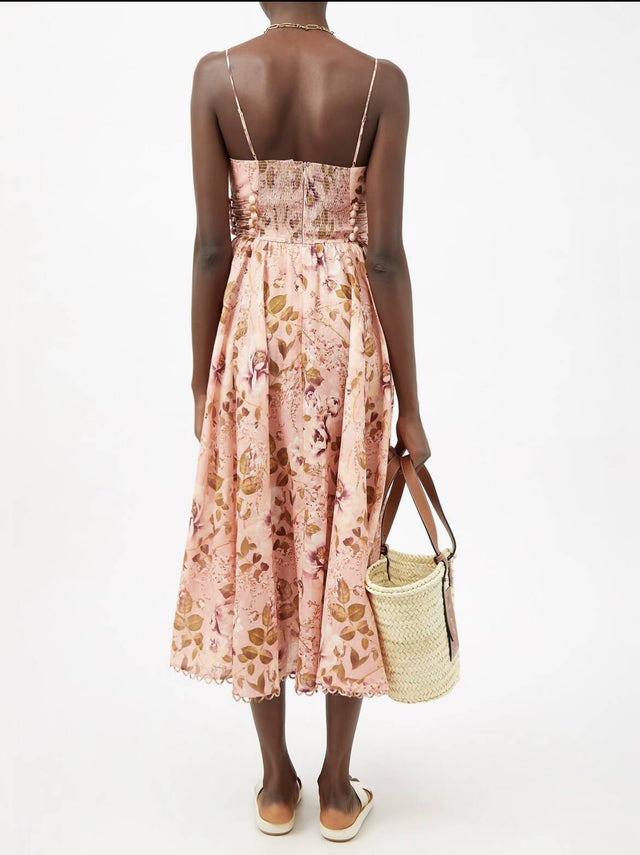 Zimmermann Rosa Lace-up Floral Print Linen Midi Dress - 10 / Floral - Dresses