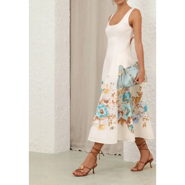 Zimmermann Scarborough Midi Dress in Cream/Teal Floral - 12 / Print - Dresses