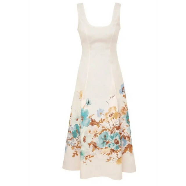 Zimmermann Scarborough Midi Dress in Cream/Teal Floral - 12 / Print - Dresses