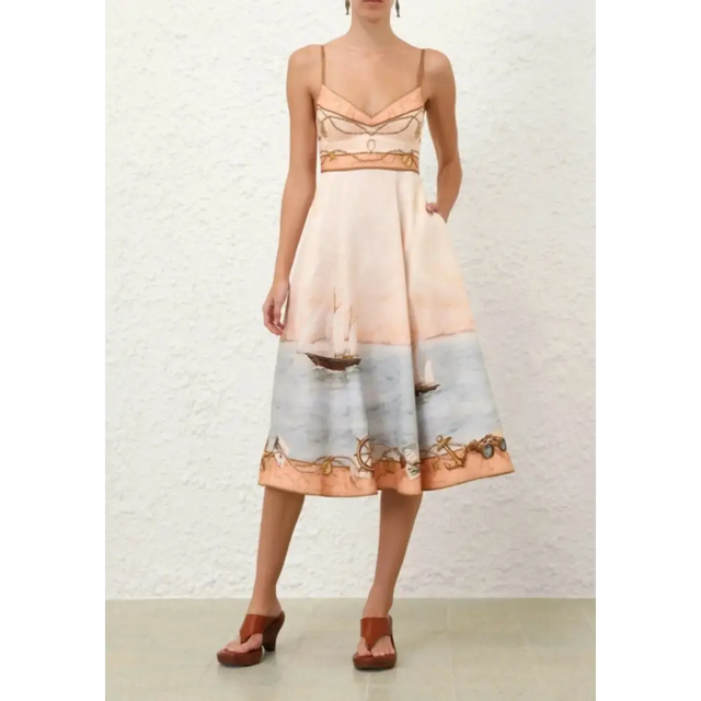 Zimmermann Scarborough Picnic Midi Dress in Peach Nautical Map - 12 / Print - Dresses