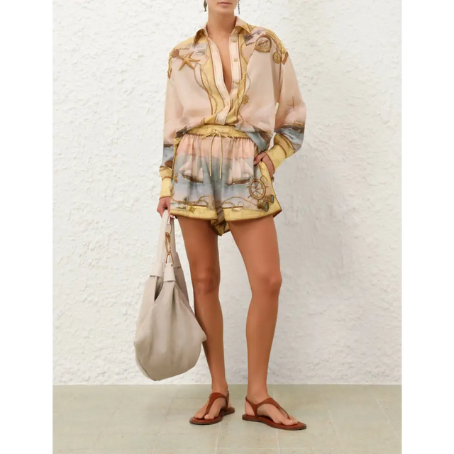 Zimmermann Scarborough Relaxed Shirt and Short Set in Yellow Nautical Map - Outfit Sets