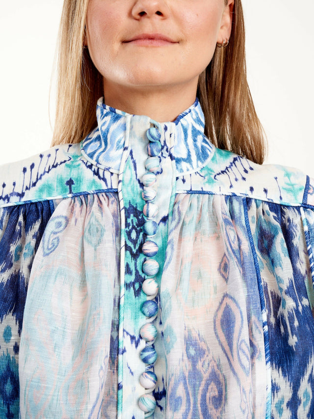 Zimmermann The Glassy Long Sleeve Blouse Spliced Blue Ikat Size 1 / AU 10 - 10 / Blue - Tops
