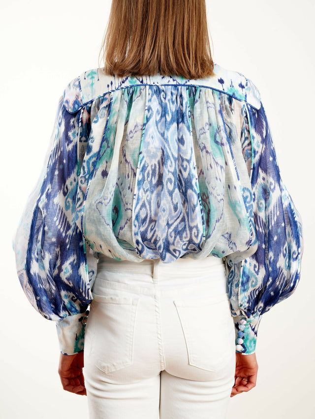 Zimmermann The Glassy Long Sleeve Blouse Spliced Blue Ikat Size 1 / AU 10 - 10 / Blue - Tops