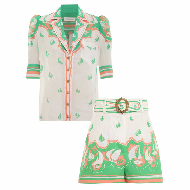 Nikki H - Zimmermann The High Tide Sailboats Shirt and Short Set in Green Sailboats