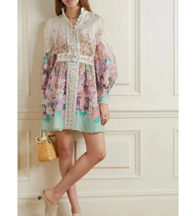 Zimmermann The Jude Buttoned Mini Dress in Aqua Gradient Flora Size 0/AU 8 - 8 / Floral - Dresses