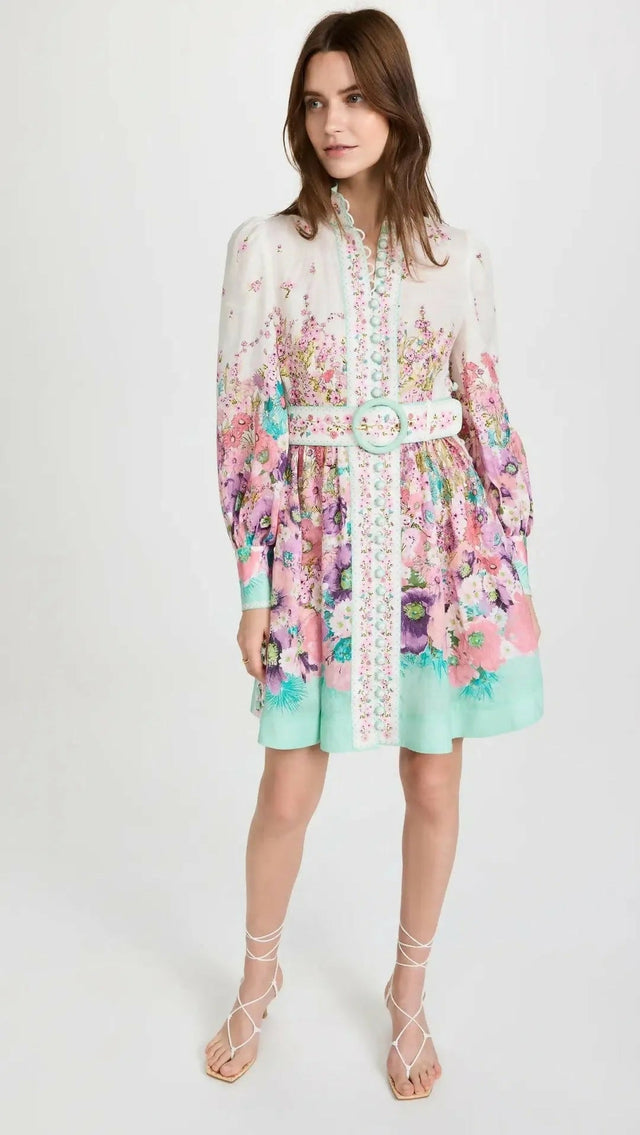 Zimmermann The Jude Buttoned Mini Dress in Aqua Gradient Flora Size 0/AU 8 - 8 / Floral - Dresses