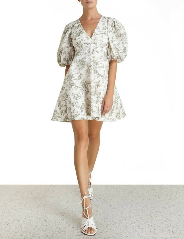 Zimmermann - Zimmermann The Linen Day Mini Dress in Olive Toile Print