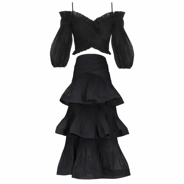 Khirzad Femme - Zimmermann The Pleated Off Shoulder Top and Skirt in Black