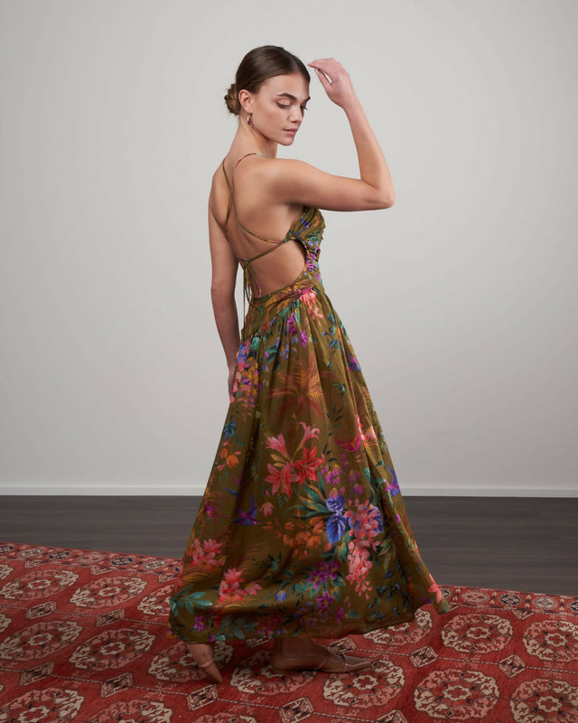 Zimmermann Tropicana Asymmetric Dress Khaki Floral Size 10 12 - Dresses